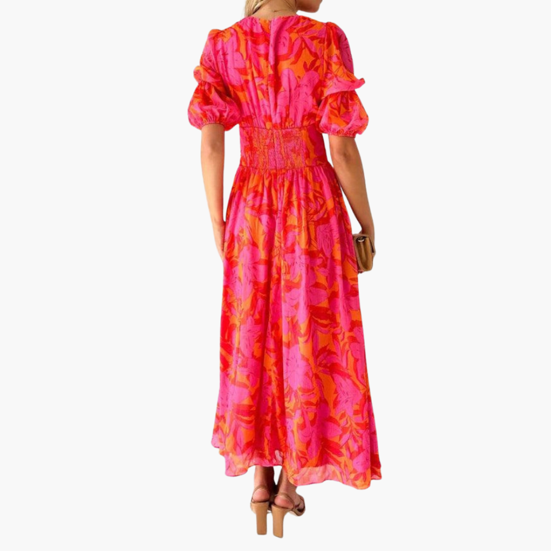 Damen Maxikleid Regular Fit Sommer Elegant V-Ausschnitt Puffärmel