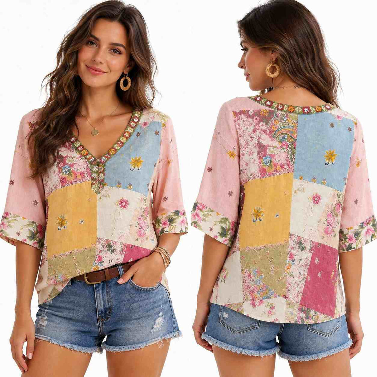 Damen Bluse mit Schlitzkragen | Weites Modell mit 3/4-Arm