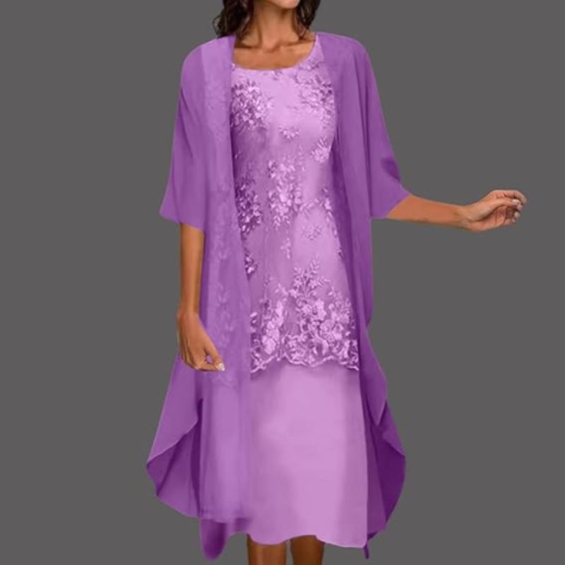 Damen Midikleid Relaxed Fit Elegant mit Cape-Layering und Spitzen-Optik
