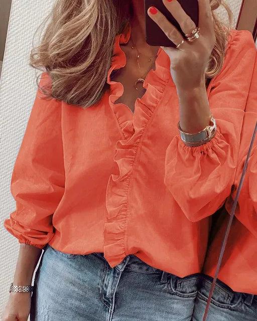 Damen Rüschenshirt Langarm V-Ausschnitt Relaxed Fit Casual