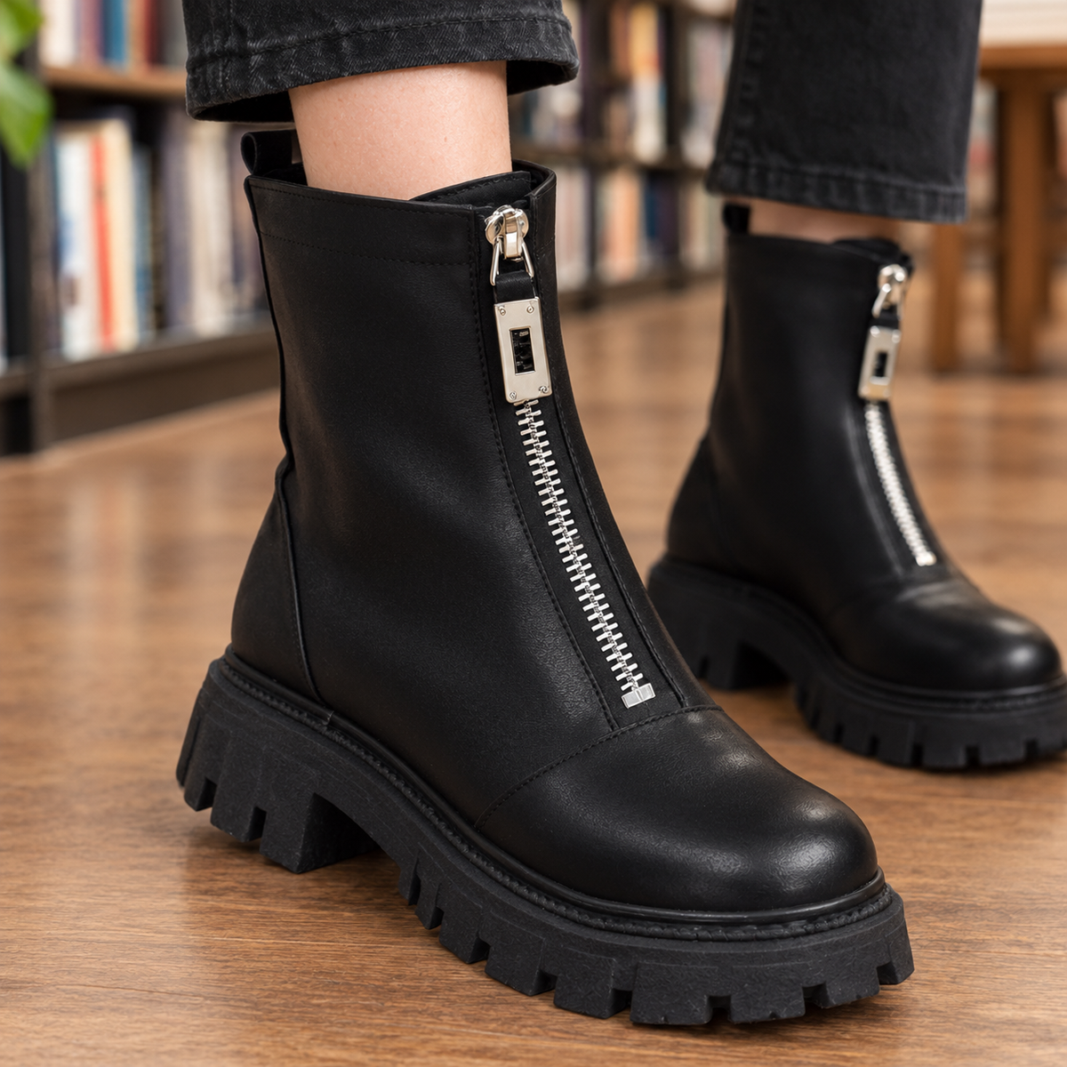 Damen Plateau-Stiefeletten in Lederoptik mit Zipper