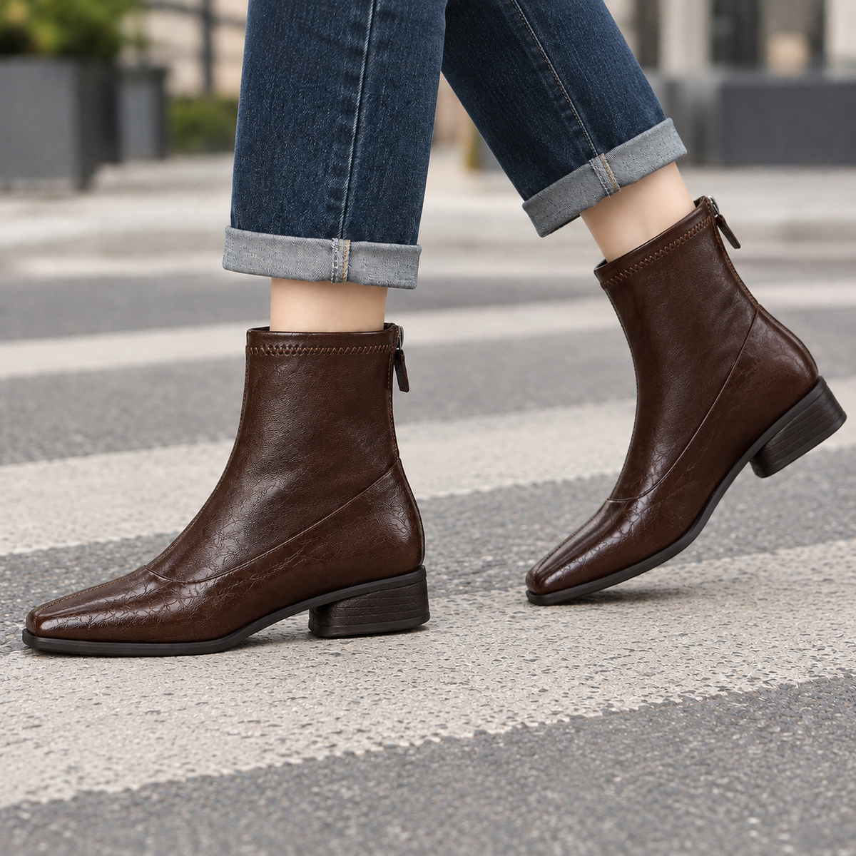 Damen Stiefeletten mit eckiger Zehenform und Reißverschluss