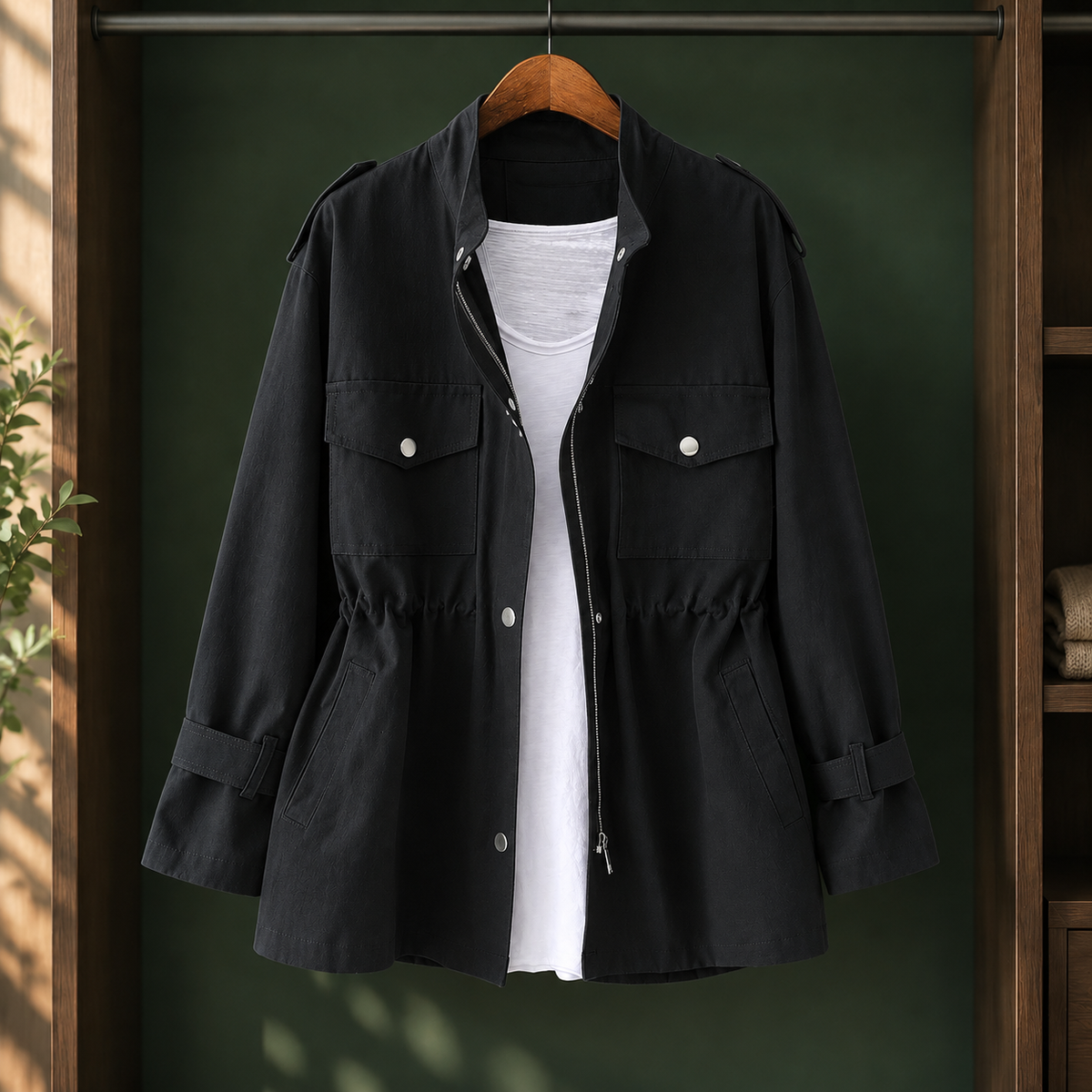 Damen Utility-Jacke Relaxed Fit Casual mit Kordelzugtaille