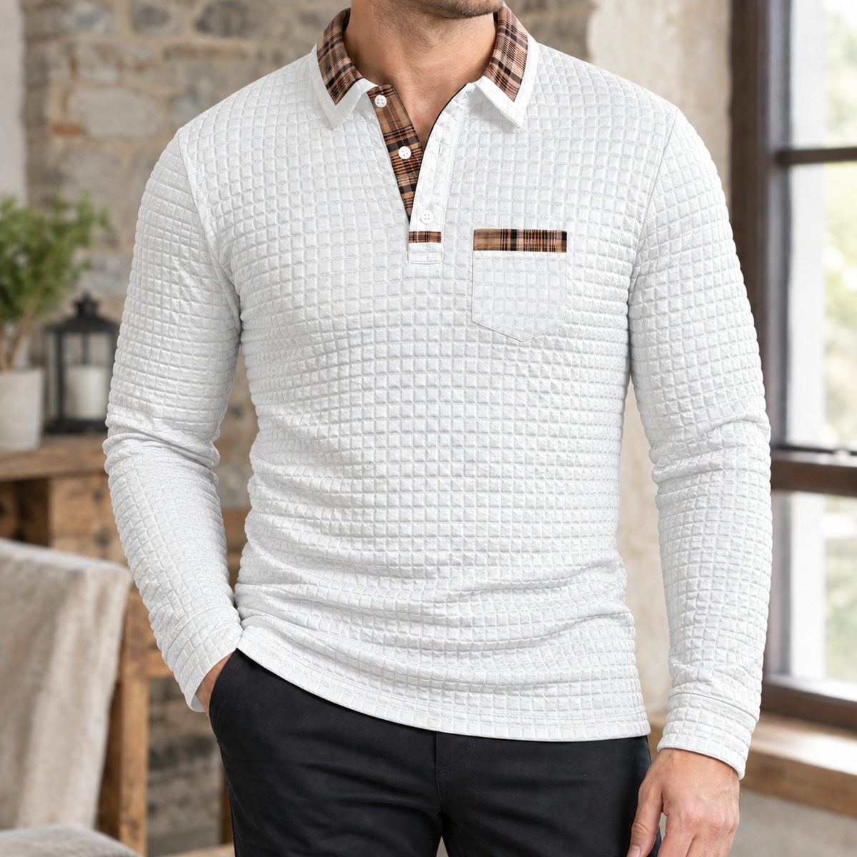 Herren Poloshirt Langarm kariert – Slim Fit