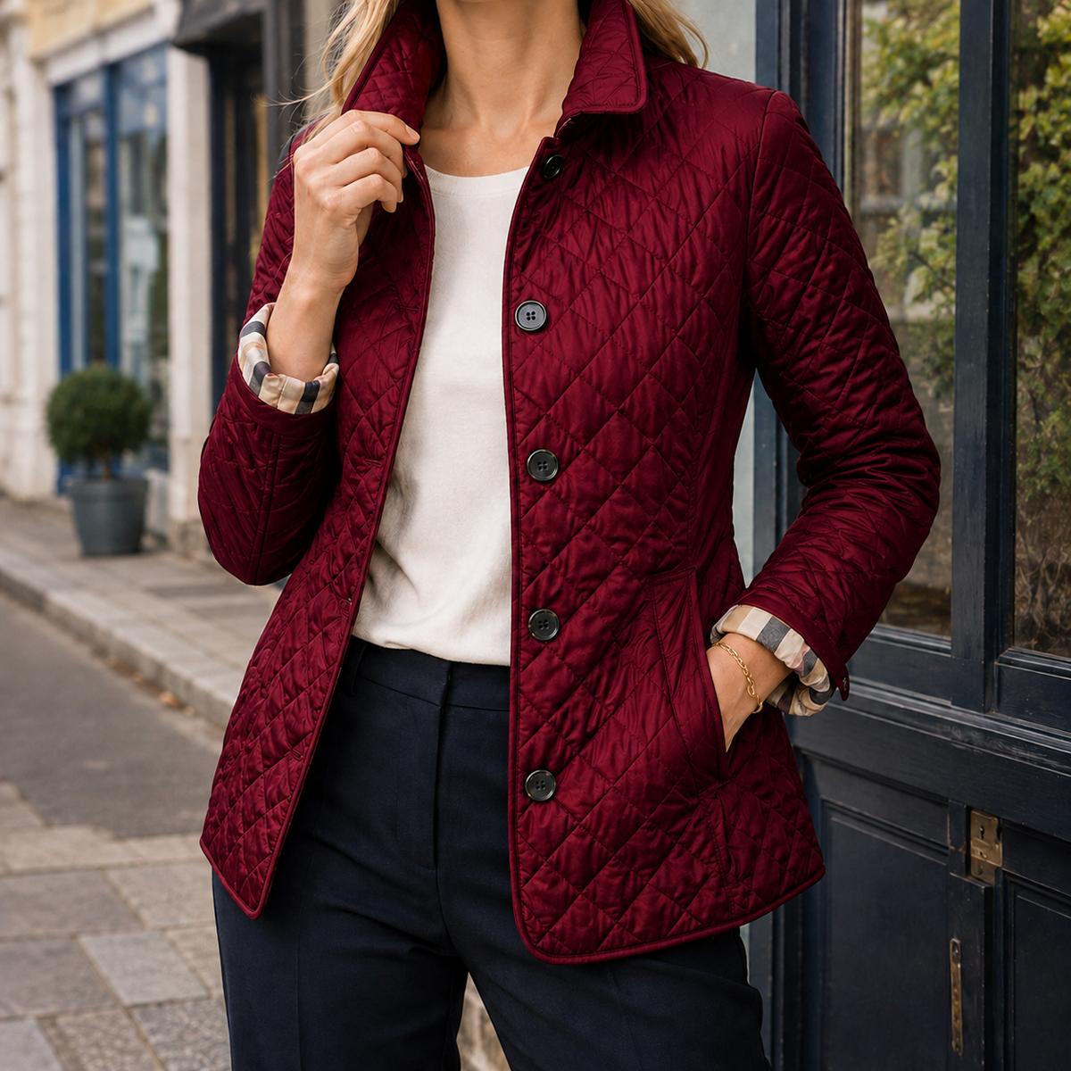 Damen Steppjacke mit karierten Bündchen – Regular Fit