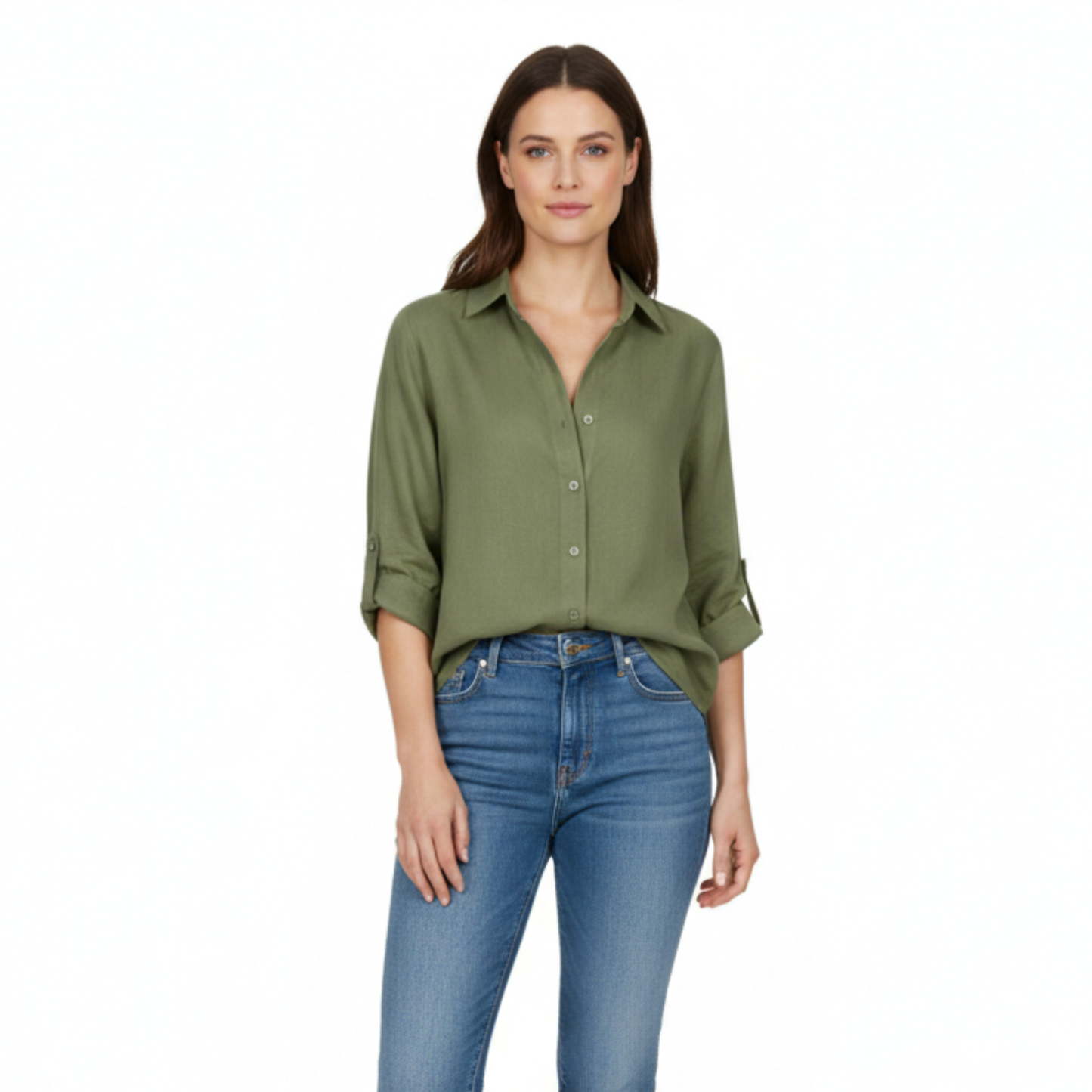 Bluse Damen Lässig Weit 3/4-Ärmel Schlitzkragen Casual
