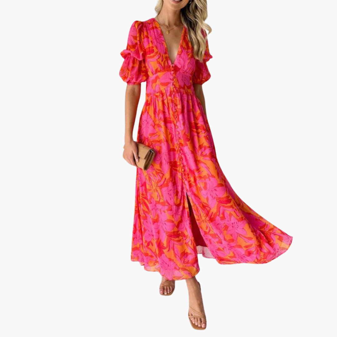 Damen Maxikleid Regular Fit Sommer Elegant V-Ausschnitt Puffärmel