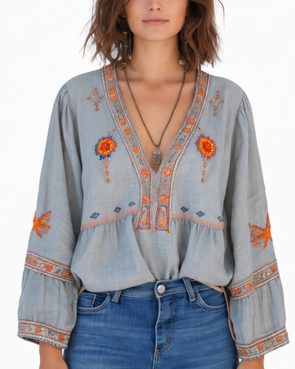 Damen Bluse mit V-Ausschnitt und Stickerei im Boho-Stil