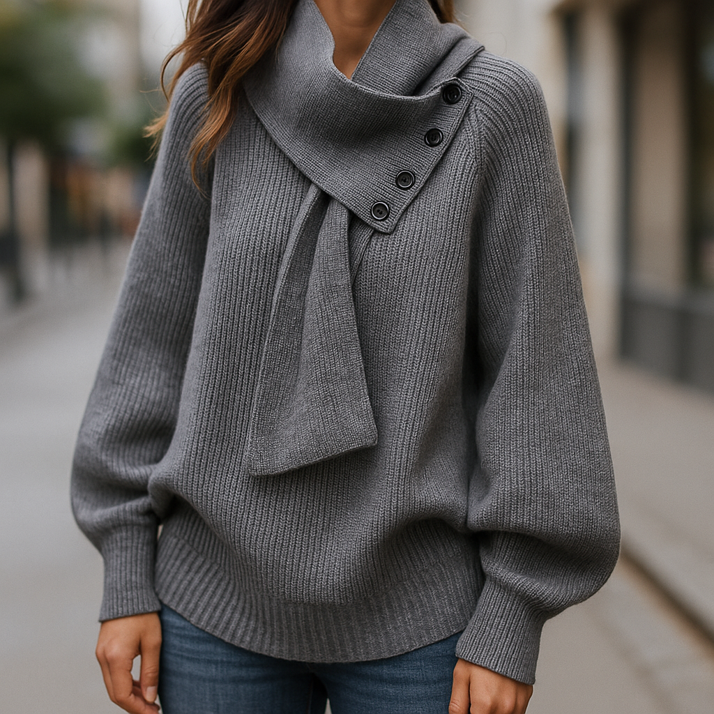 Damen Pullover mit Schalkragen und Knopfdetail