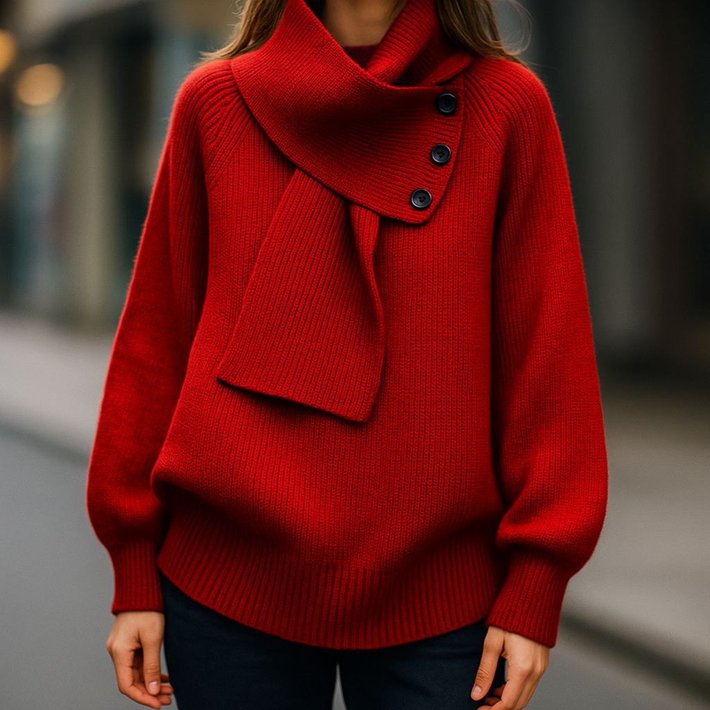 Damen Pullover mit Schalkragen und Knopfdetail