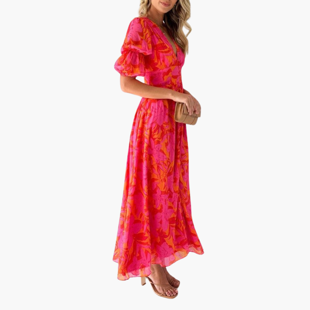 Damen Maxikleid Regular Fit Sommer Elegant V-Ausschnitt Puffärmel
