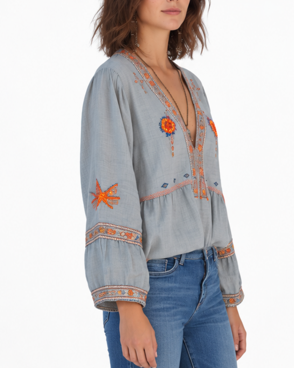 Damen Bluse mit V-Ausschnitt und Stickerei im Boho-Stil