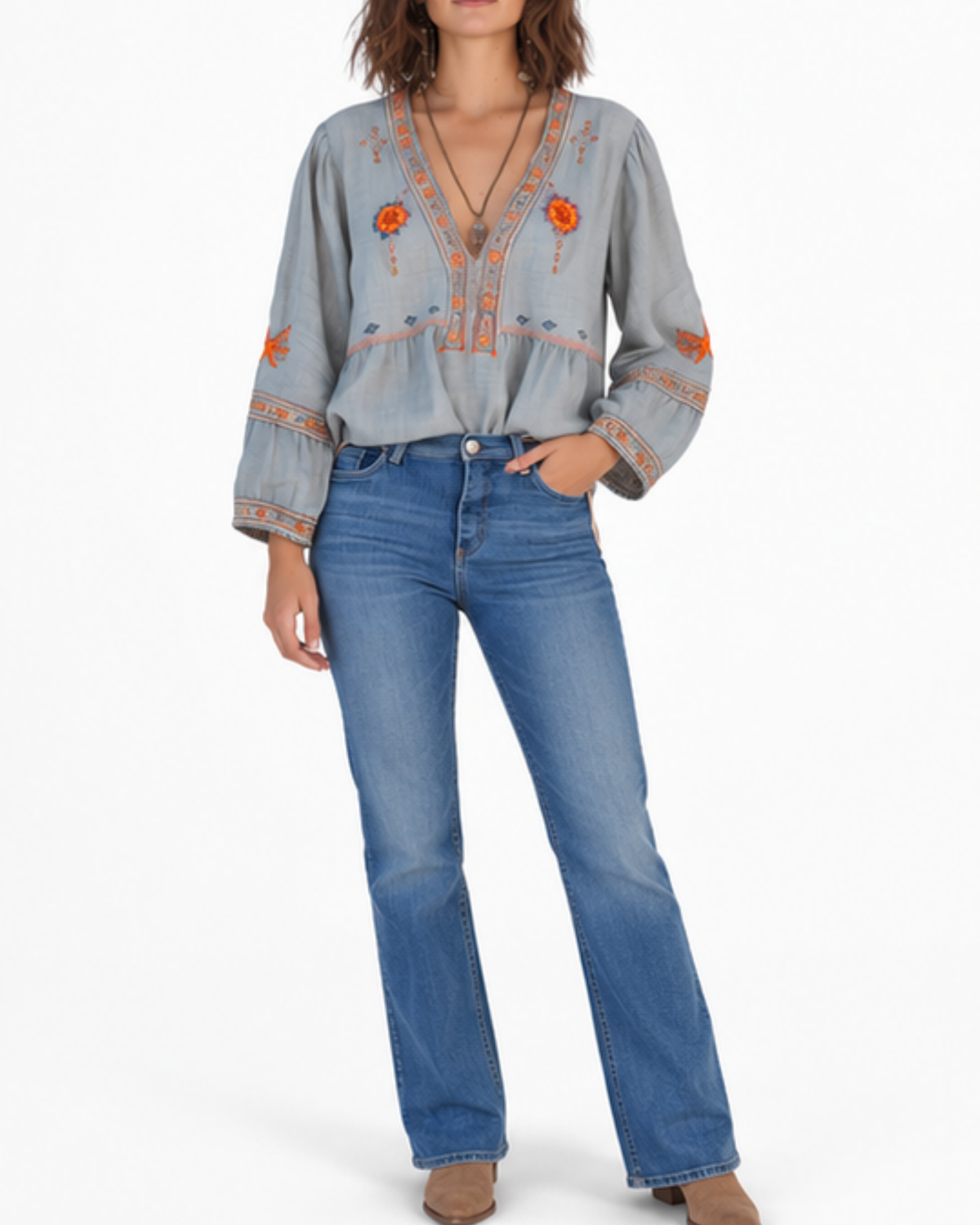 Damen Bluse mit V-Ausschnitt und Stickerei im Boho-Stil