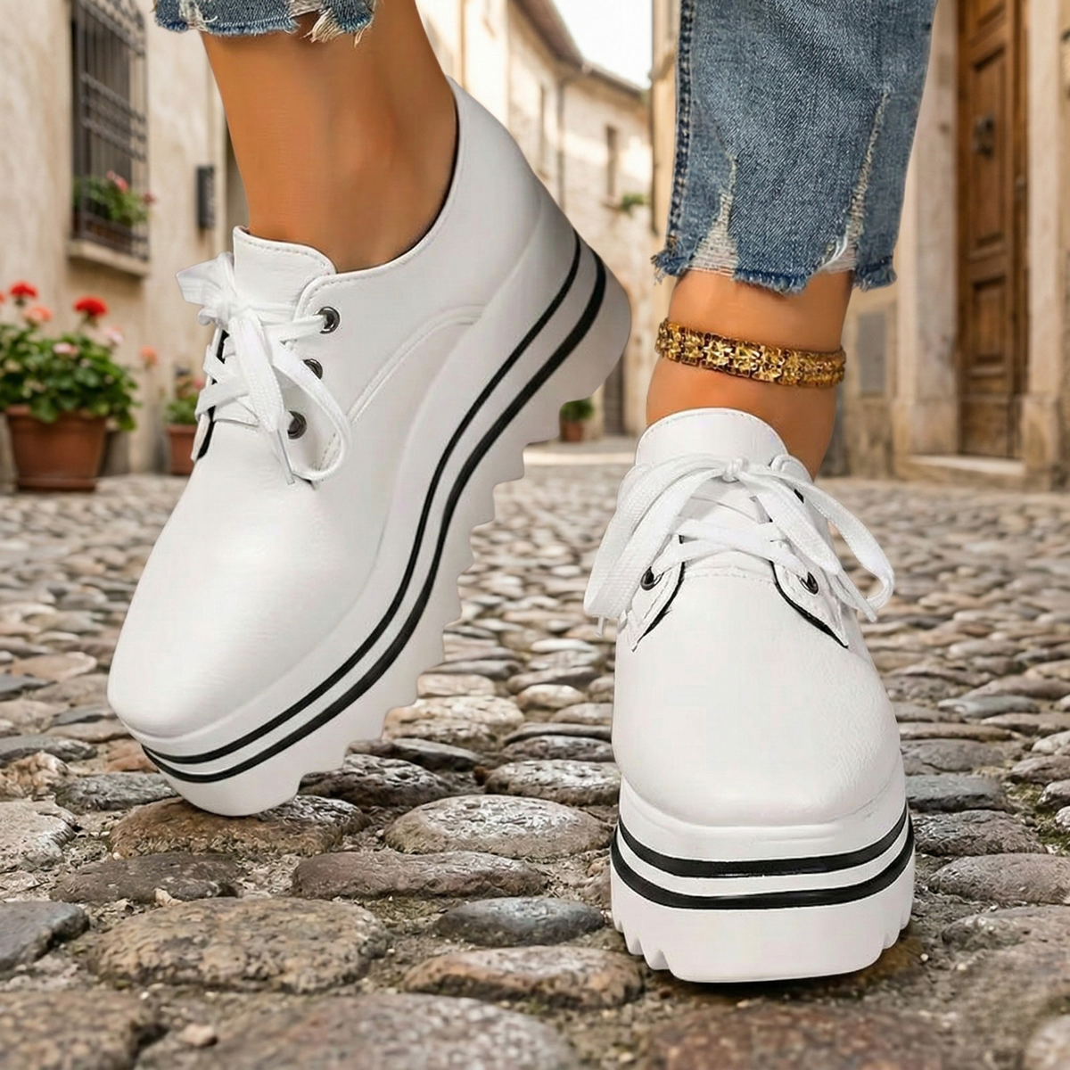 Damen Oxford-Schuh mit Plateausohle und Schnürung
