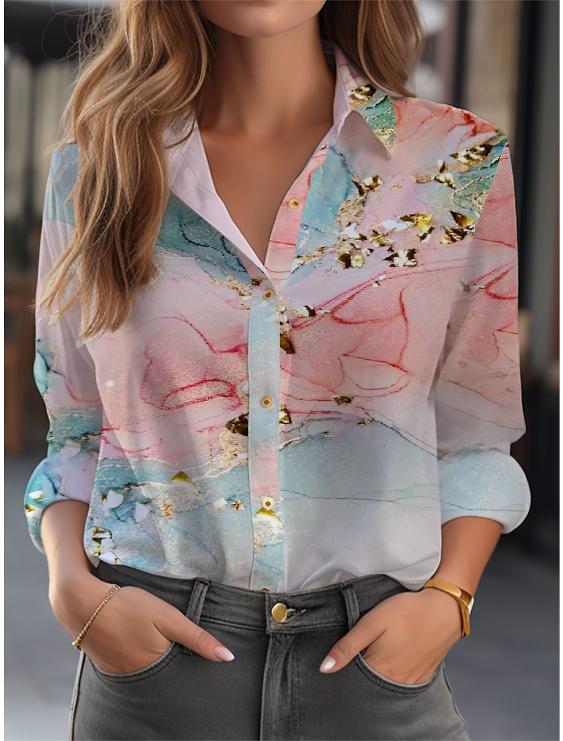 Damen Langarmbluse Relaxed Fit Casual Elegant mit Blumenmuster