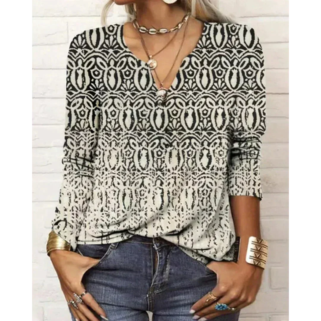 Damen Bluse Mehrfarbig Boho Stil Langarm V-Ausschnitt