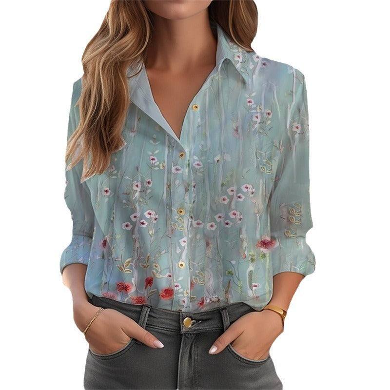 Damen Langarmbluse Relaxed Fit Casual Elegant mit Blumenmuster