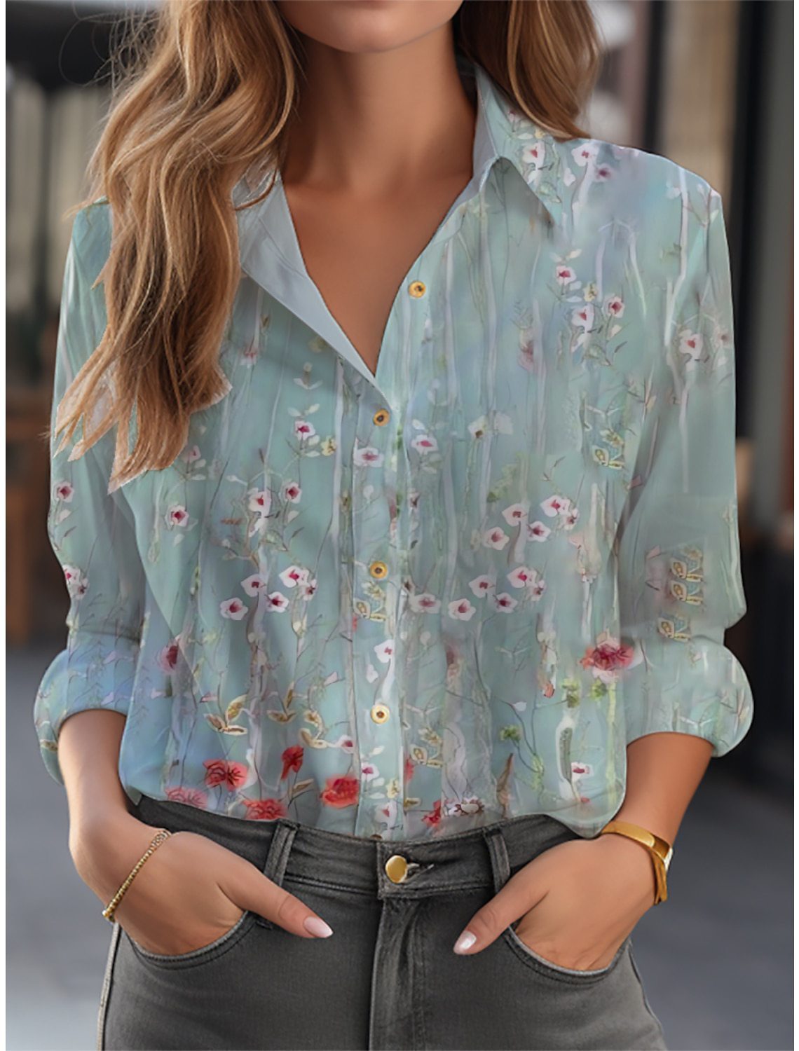 Damen Langarmbluse Relaxed Fit Casual Elegant mit Blumenmuster