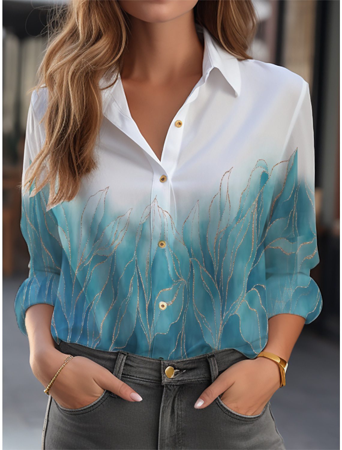 Damen Langarmbluse Relaxed Fit Casual Elegant mit Blumenmuster