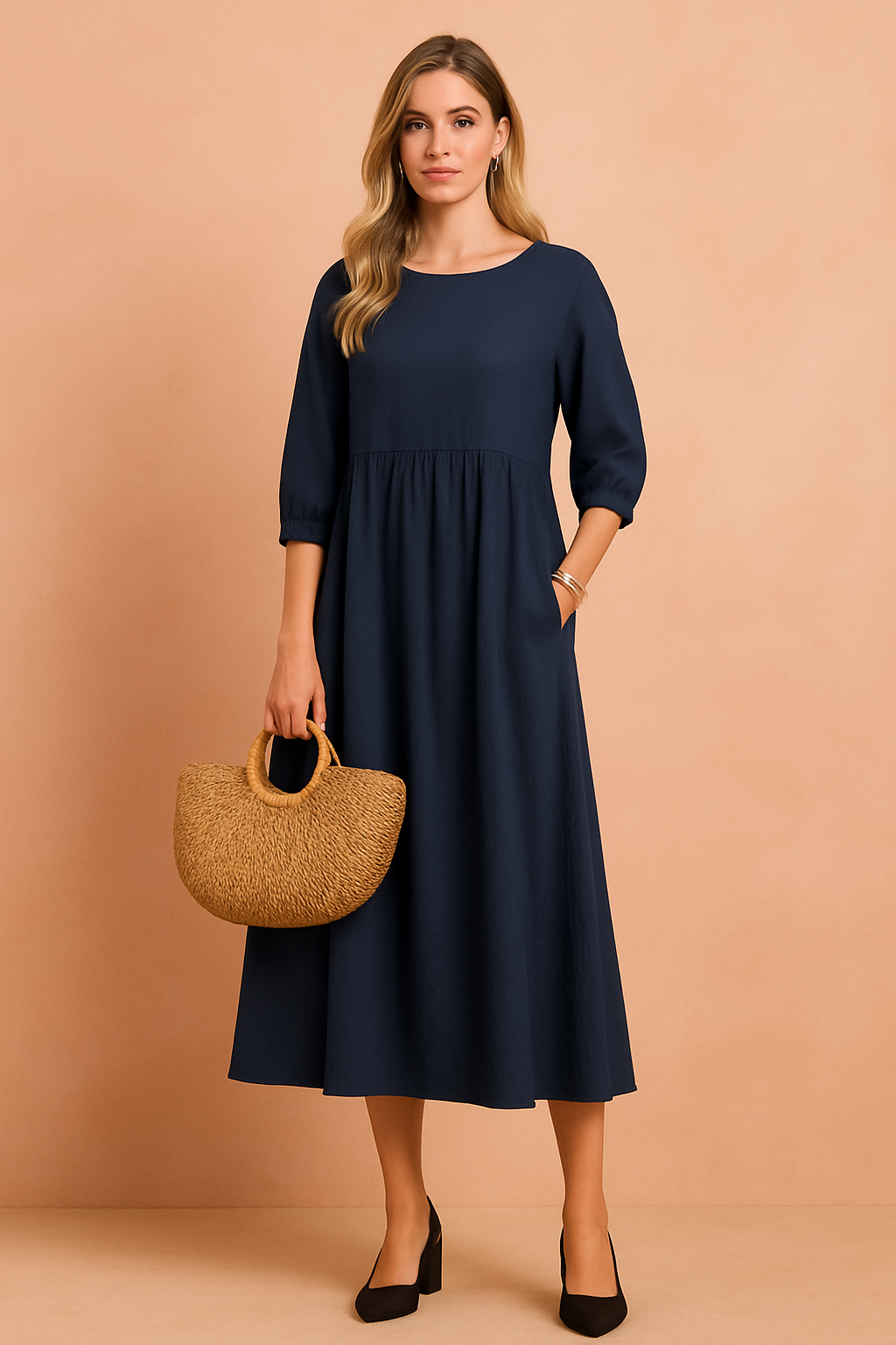 Midi Kleid Damen Elegant 3 4 Ärmel Business & Freizeit
