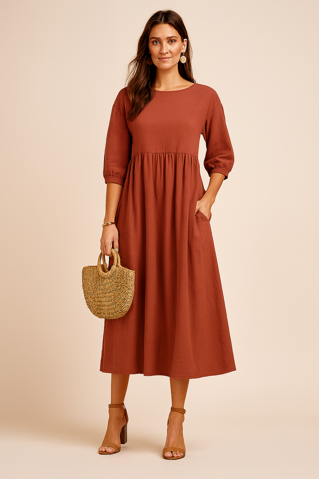 Midi Kleid Damen Elegant 3 4 Ärmel Business & Freizeit