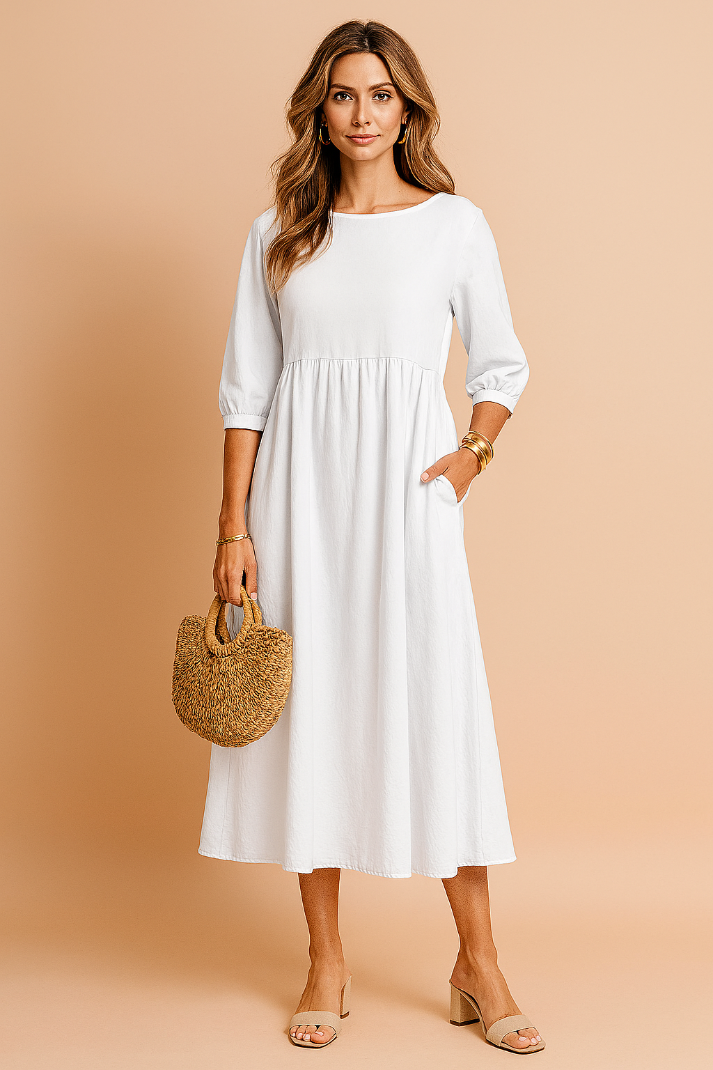 Midi Kleid Damen Elegant 3 4 Ärmel Business & Freizeit