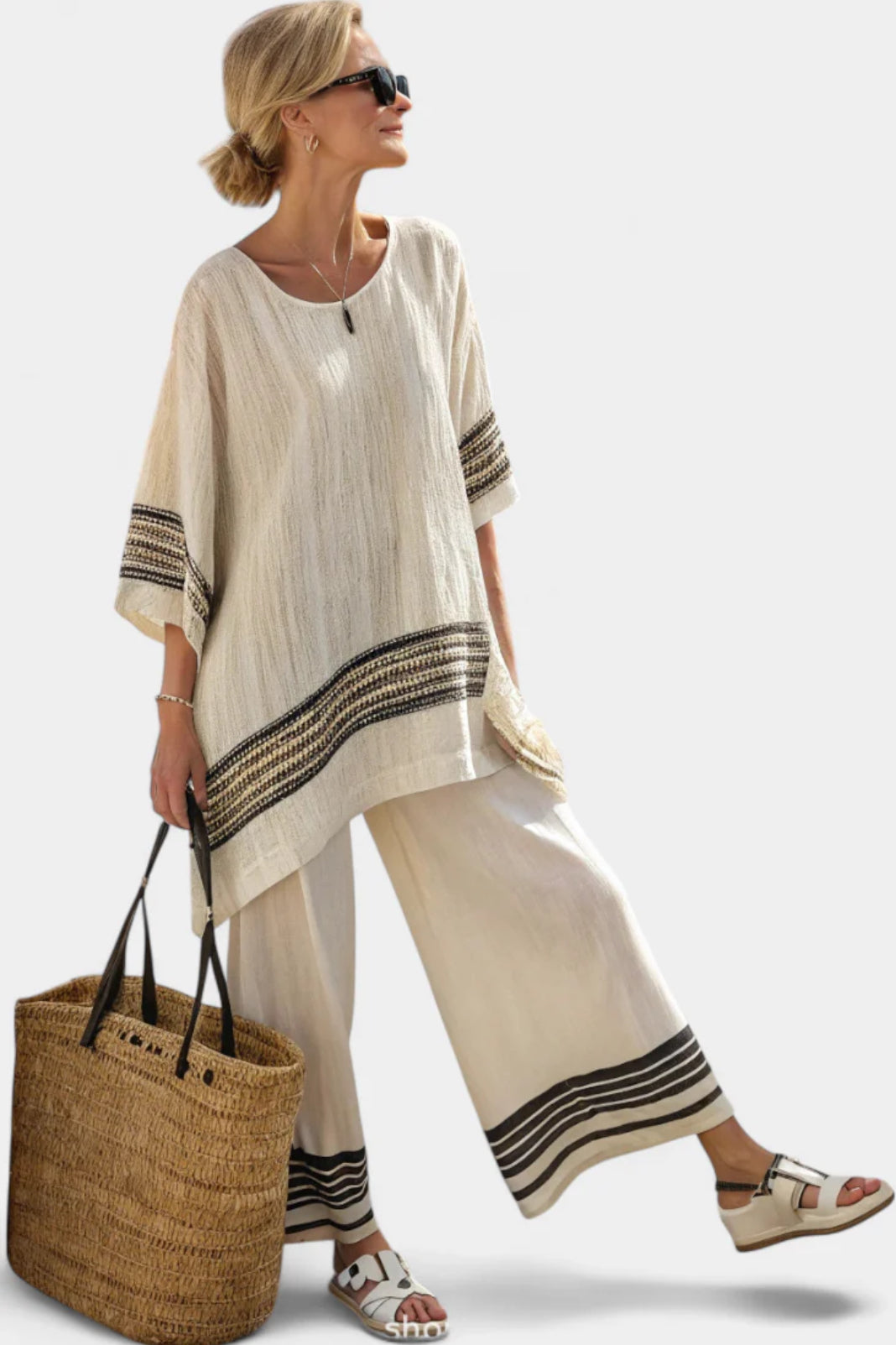 Damen Sommer Set Weite Hose Boho Tunika Freizeit Sommer