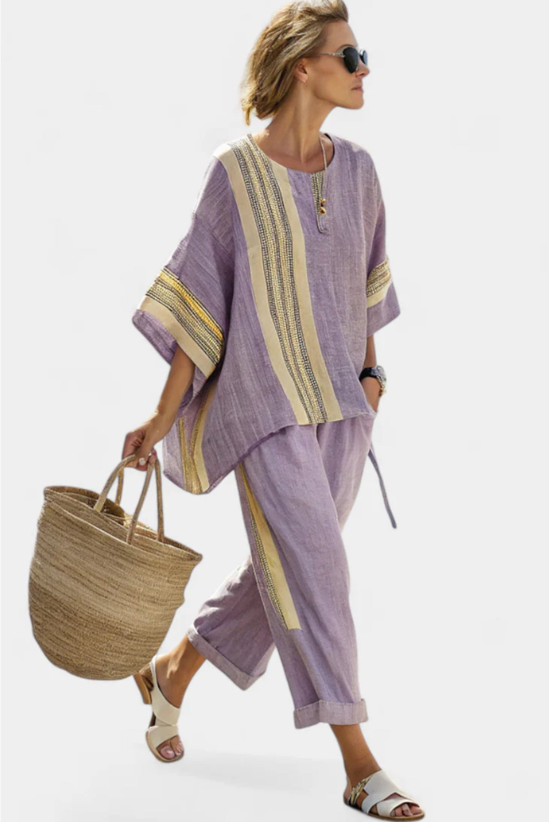 Damen Sommer Set Weite Hose Boho Tunika Freizeit Sommer