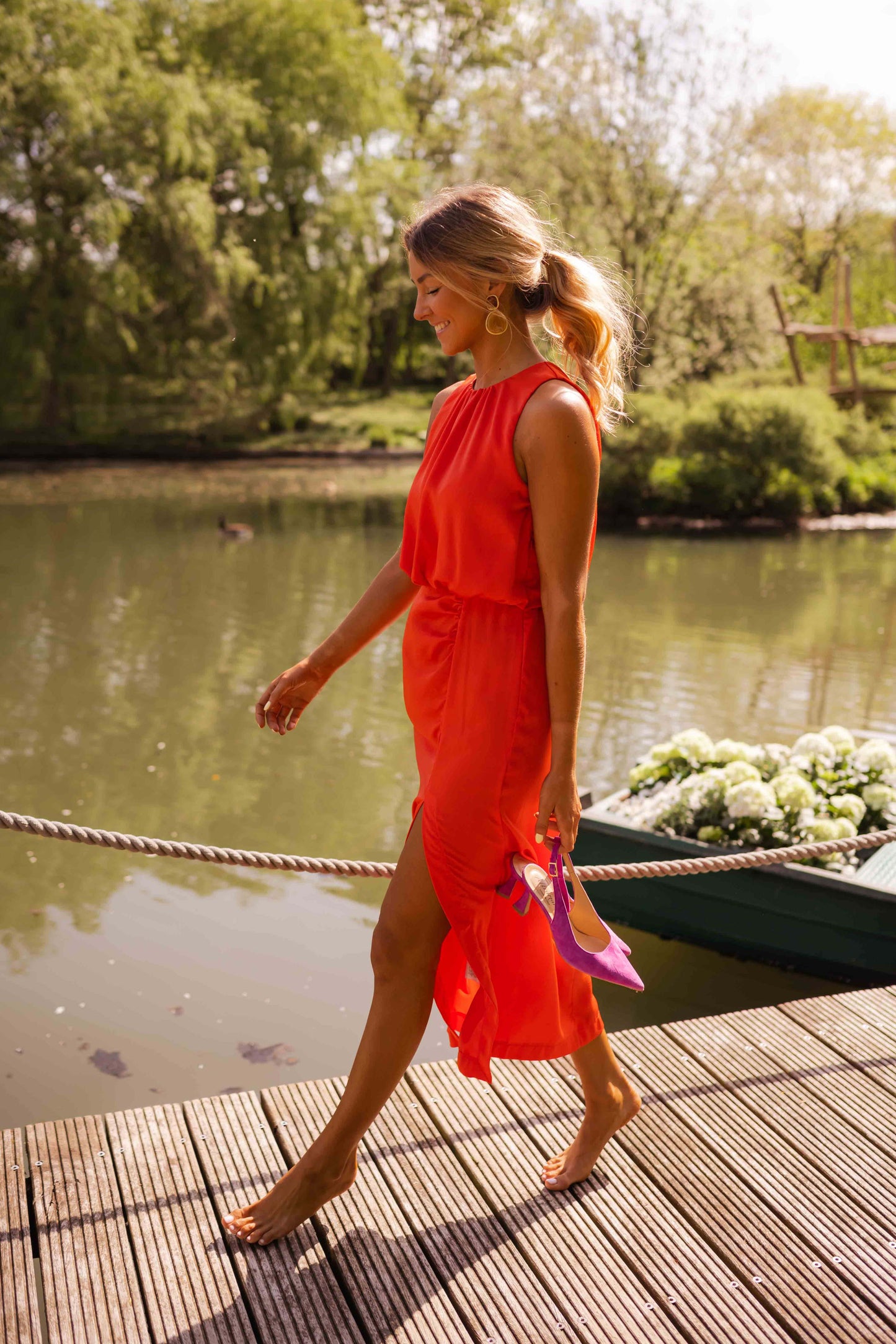 Damen Midikleid Slim Fit Sommer Ärmellos Stehkragen Beinschlitz