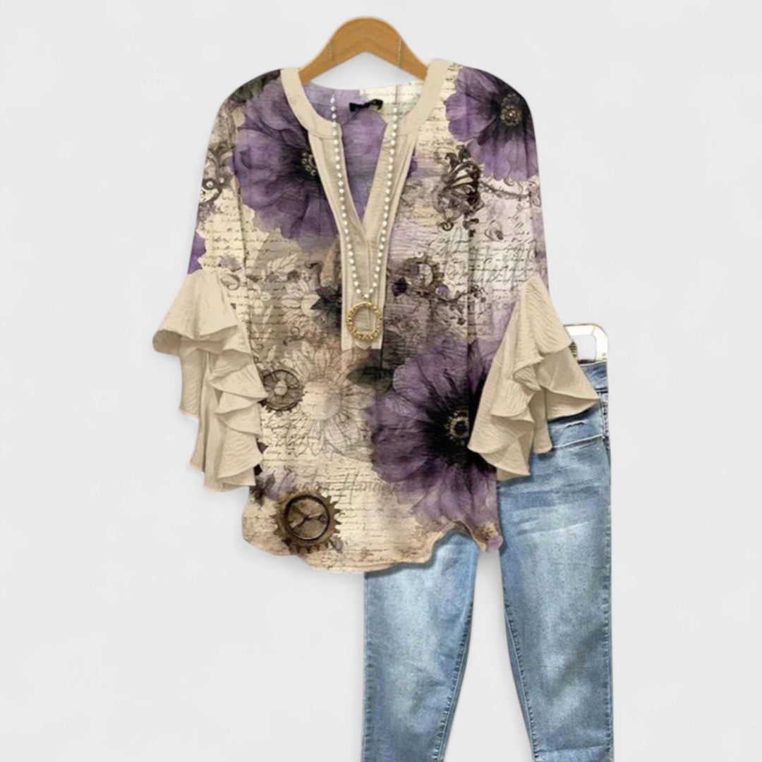 Damenbluse Regular Fit Casual mit Volantärmel und V-Ausschnitt