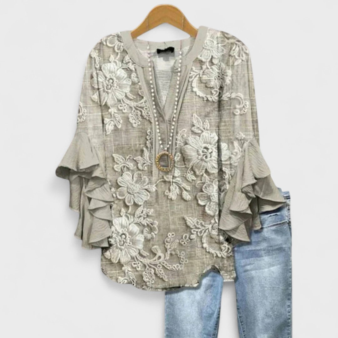 Damenbluse Regular Fit Casual mit Volantärmel und V-Ausschnitt