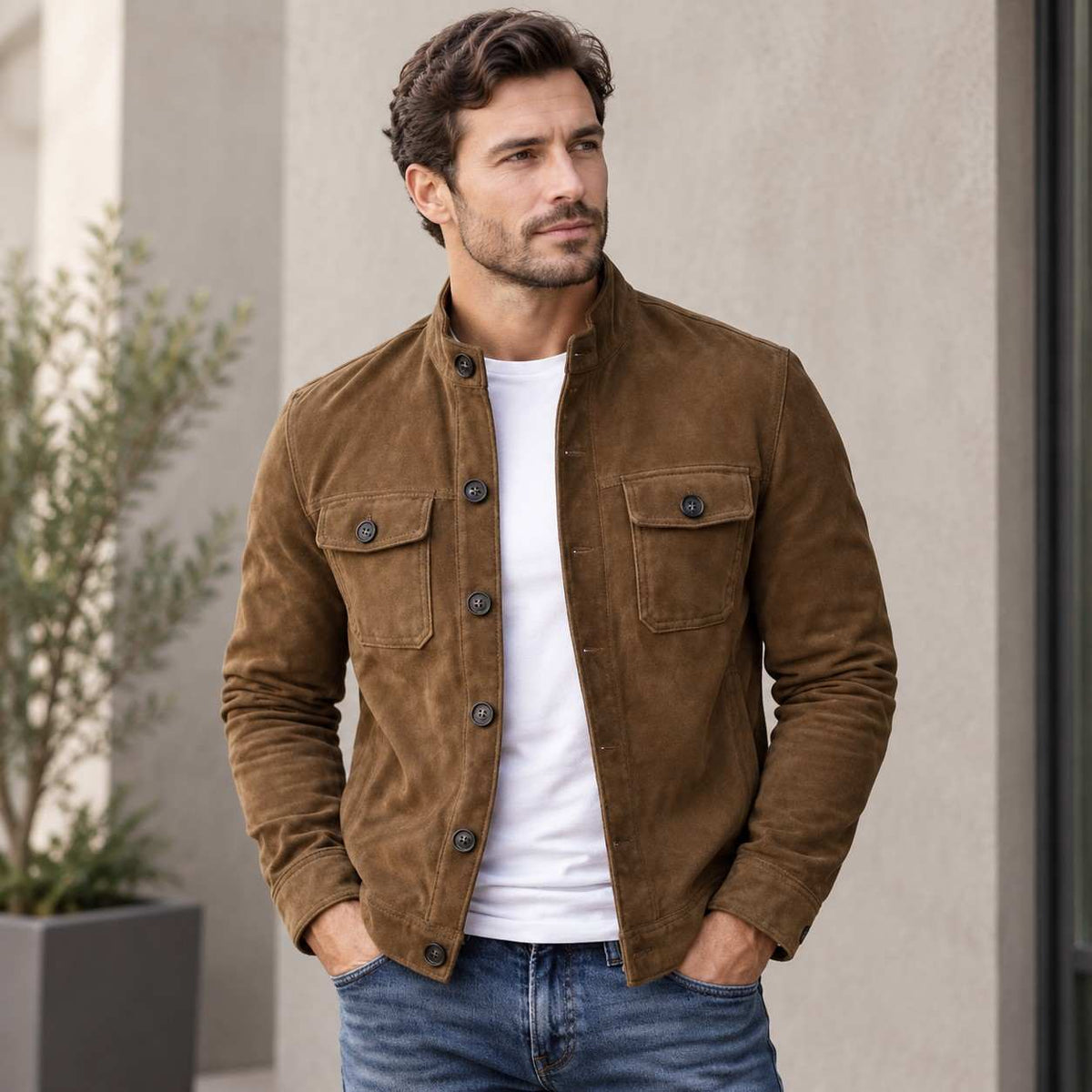 Jacke Herren Regular Fit Freizeit mit Stehkragen und Brusttaschen