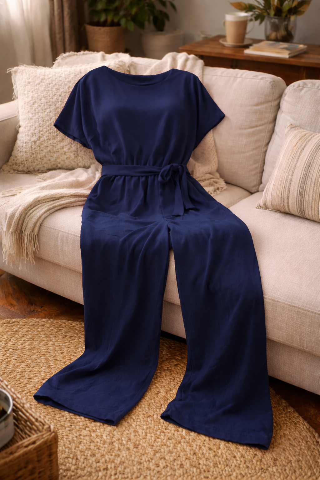 Damen Jumpsuit Regular Fit mit Bindegürtel und weitem Bein