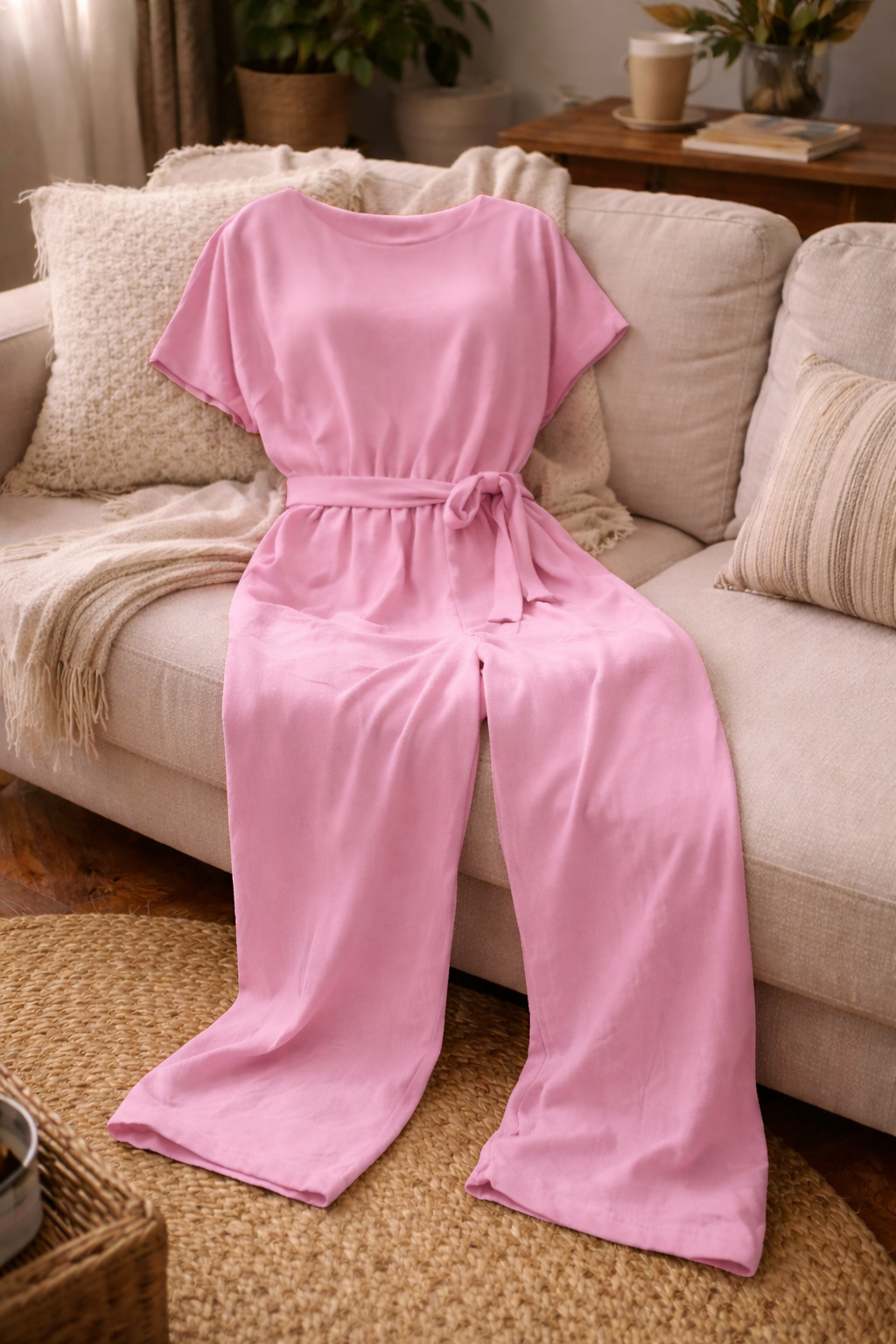 Damen Jumpsuit Regular Fit mit Bindegürtel und weitem Bein