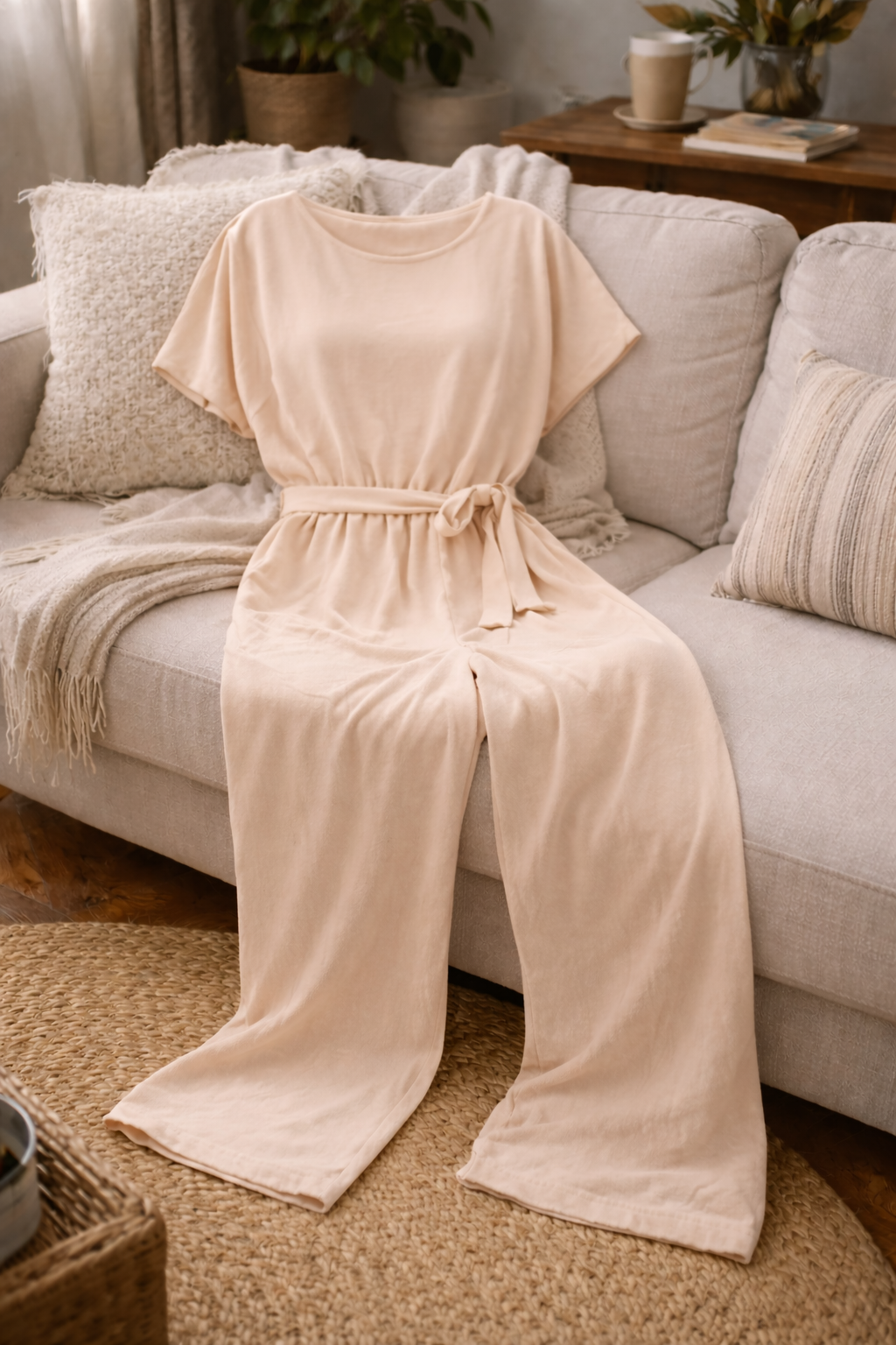 Damen Jumpsuit Regular Fit mit Bindegürtel und weitem Bein