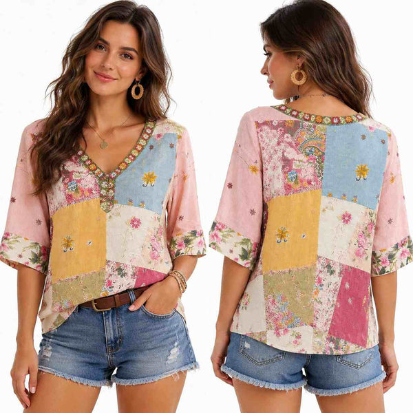Damen Bluse mit Schlitzkragen | Weites Modell mit 3/4-Arm
