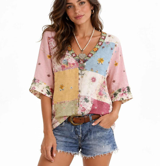 Damen Bluse mit Schlitzkragen | Weites Modell mit 3/4-Arm
