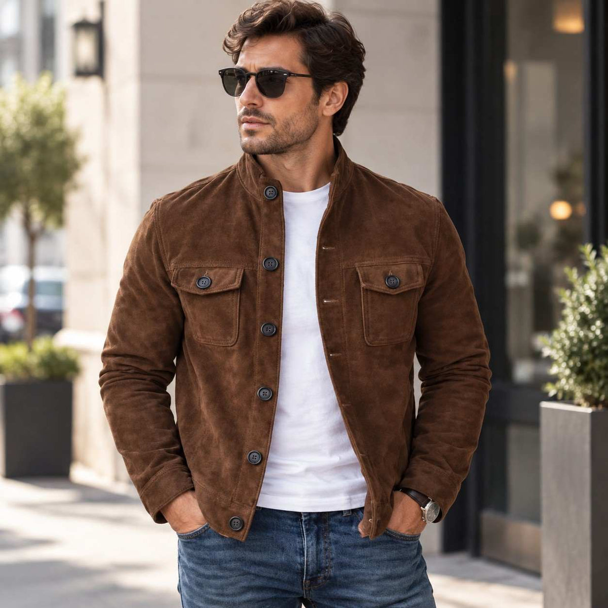 Jacke Herren Regular Fit Freizeit mit Stehkragen und Brusttaschen