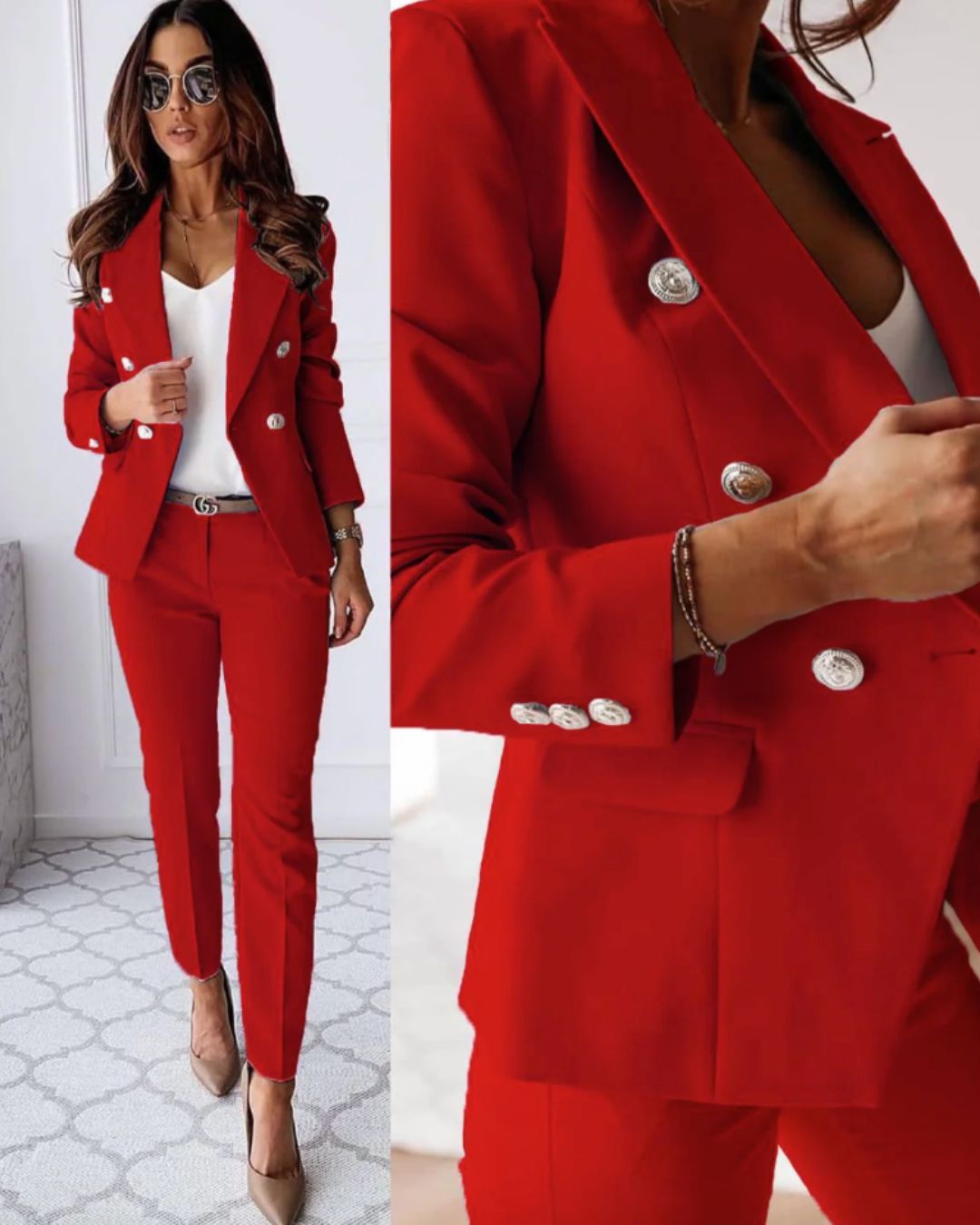 Damen Slim Fit Hosenanzug Business mit Doppelknopfleiste