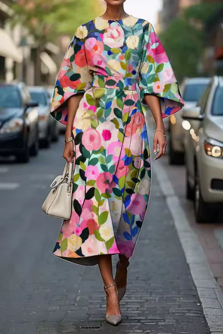 Midikleid Damen Tailliert Blumengemustert Elegant Festlich