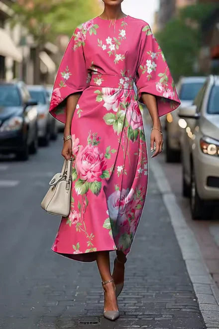 Midikleid Damen Tailliert Blumengemustert Elegant Festlich