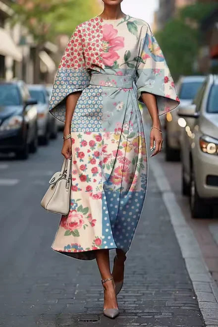 Midikleid Damen Tailliert Blumengemustert Elegant Festlich