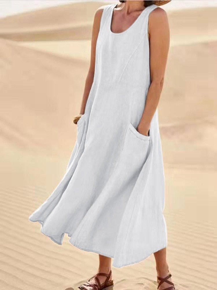 Damen Maxikleid Ärmellos Relaxed Fit Freizeit mit Taschen