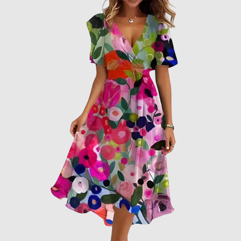 Damen Slim Fit Midi Kleid mit floralem V-Ausschnitt Freizeit Sommer