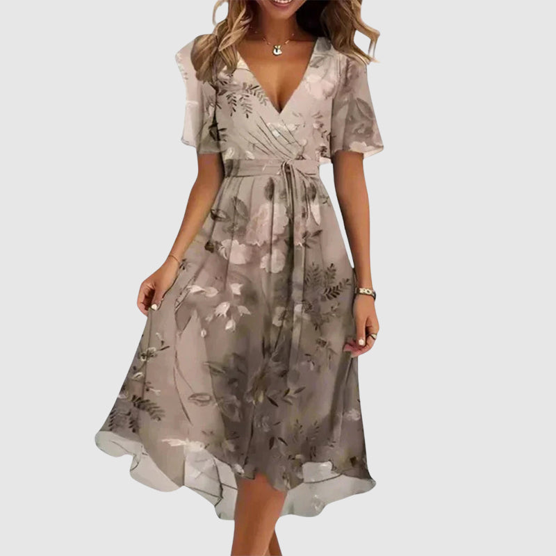 Damen Slim Fit Midi Kleid mit floralem V-Ausschnitt Freizeit Sommer
