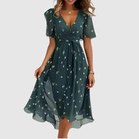 Damen Slim Fit Midi Kleid mit floralem V-Ausschnitt Freizeit Sommer