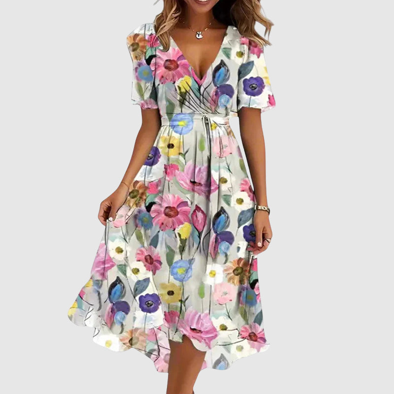 Damen Slim Fit Midi Kleid mit floralem V-Ausschnitt Freizeit Sommer