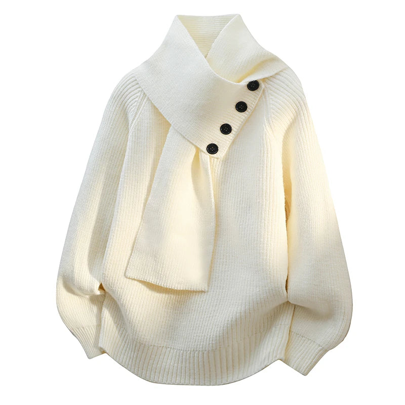 Damen Pullover mit Schalkragen und Knopfdetail