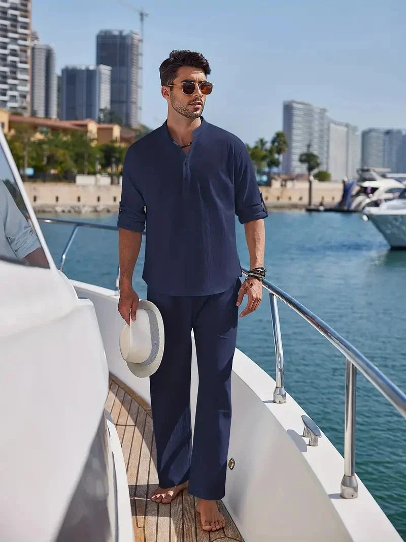 Herren Sommer Set Regular Fit Freizeit Langarmhemd und Hose