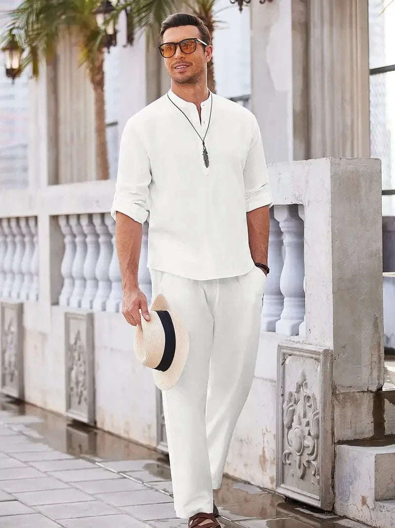 Herren Sommer Set Regular Fit Freizeit Langarmhemd und Hose
